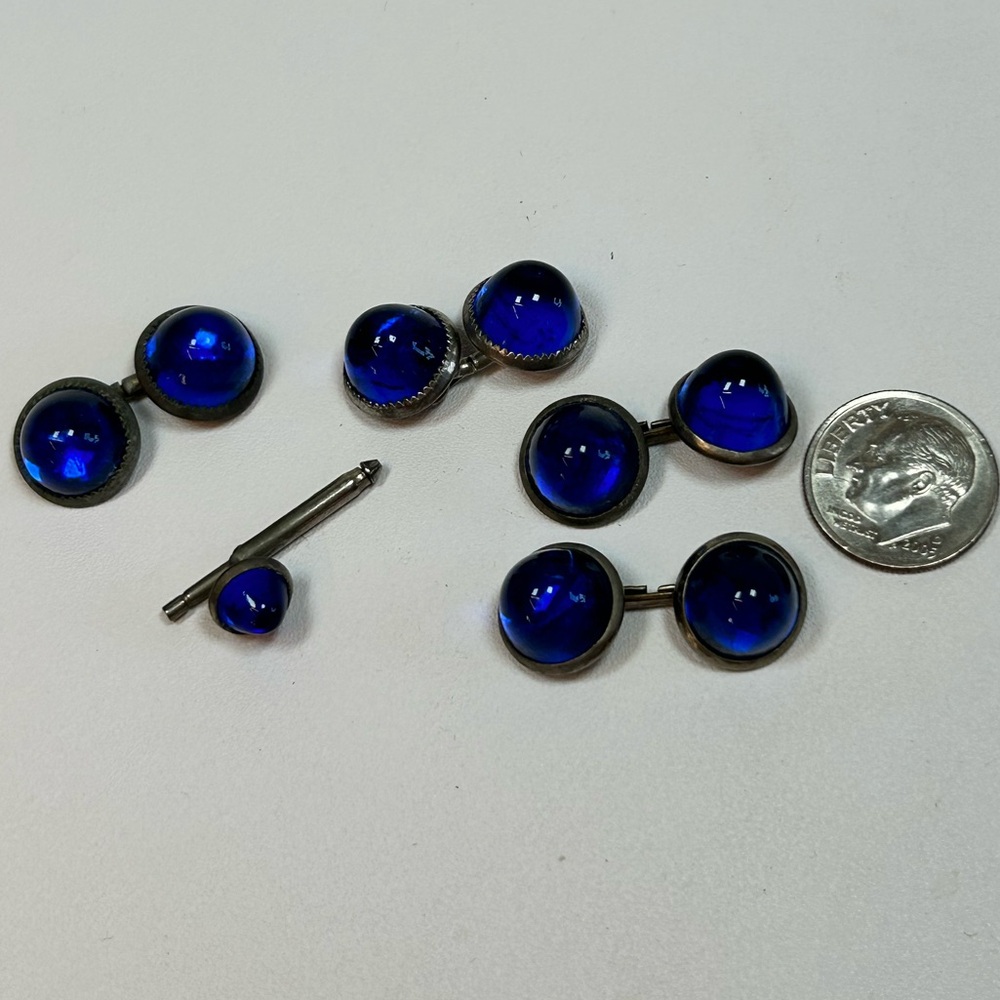 Vintage Two Pairs + Cobalt Blue Glass Chain Link Cufflinks Domed Art Deco - Picture 7 of 8